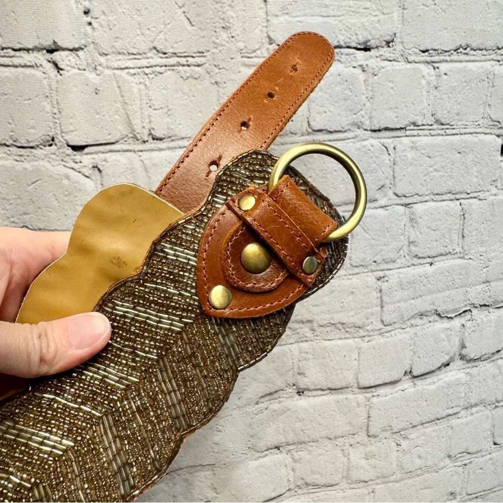 Motif 56 Brown Leather Glass Beaded Scalloped Wide Belt Size Large Statement